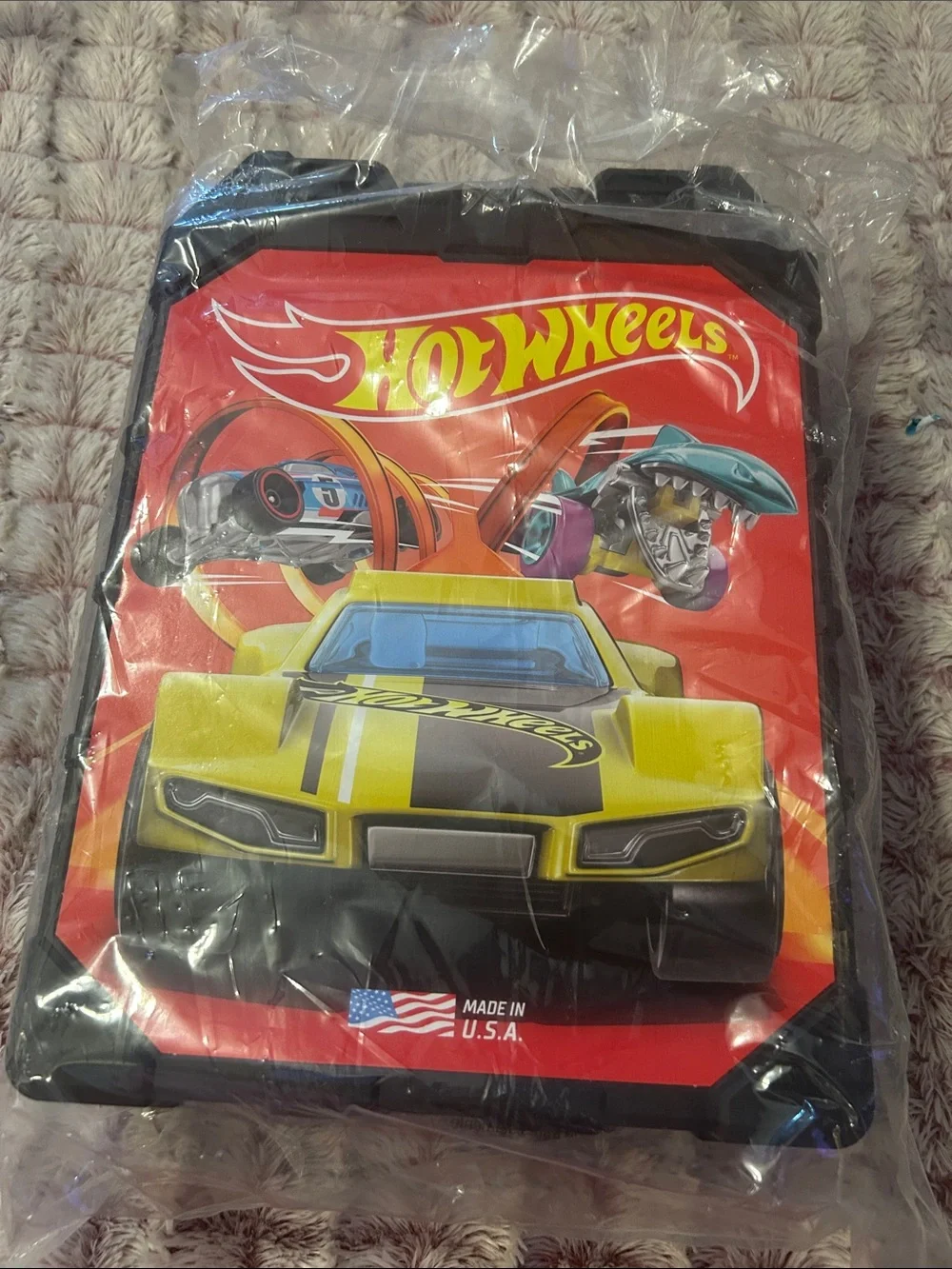 Hot wheels carrying plastic box Yellow Race Car Design can hold up to 42 cars